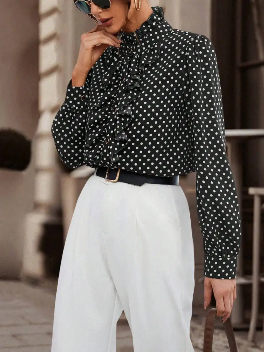 Long Sleeve Polka Dot Button Shirt for Women with Ruffle Detail Elegant Office Blouse Casual Fashion Top