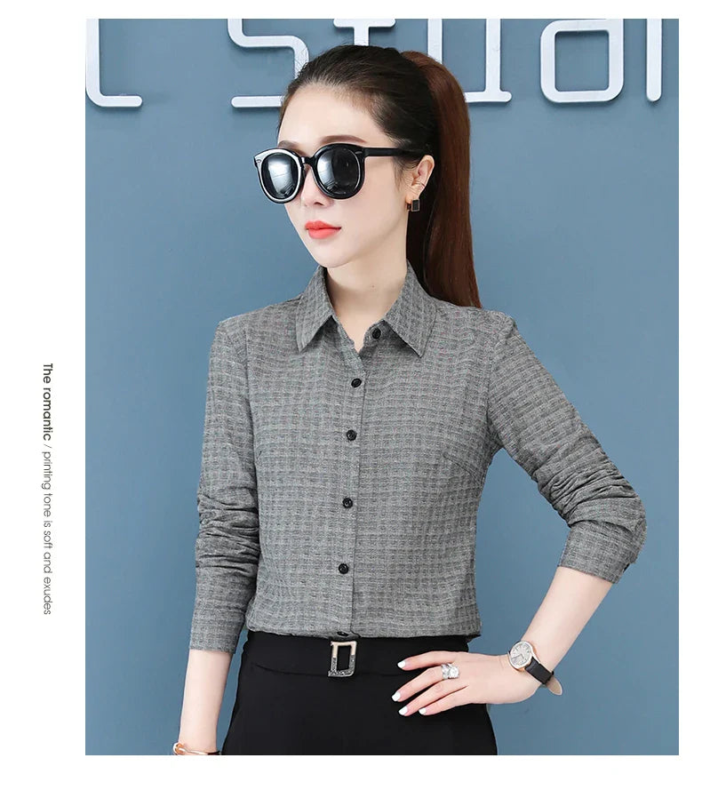 Women's Long Sleeve Slimming Cotton Shirt with Flip Collar Casual Versatile Top for Spring and Autumn Fashion