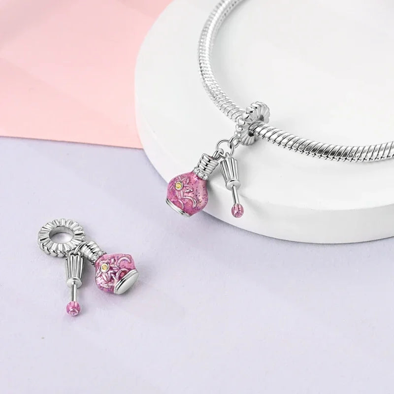 Fit 925 Sterling Silver Bow Perfume Bottle Pink Charms Beads for Women DIY Jewelry Gifts
