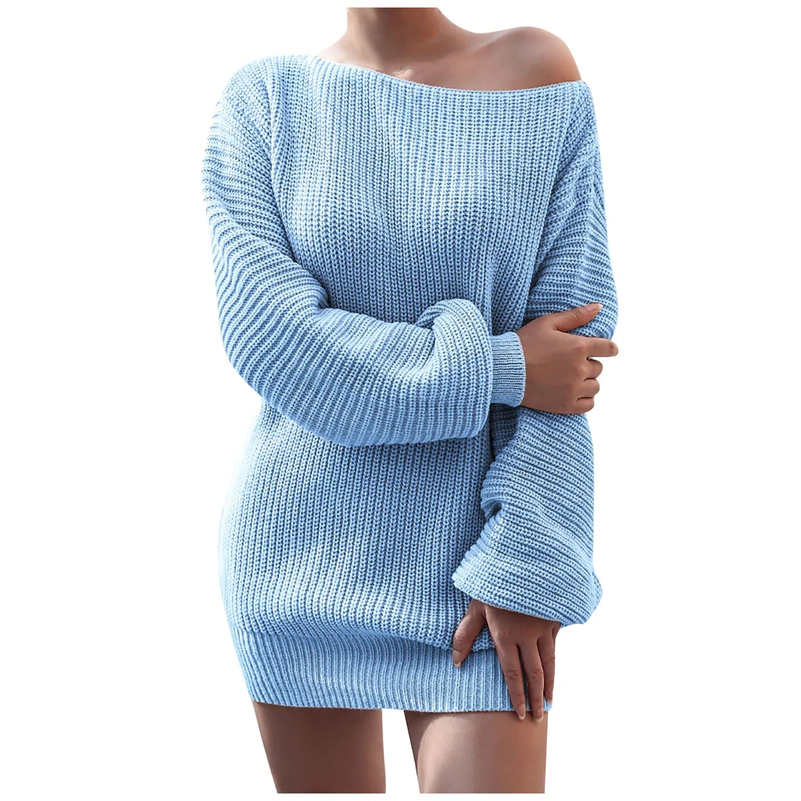 Casual Knit Sweater Dress With One Word Collar For Women