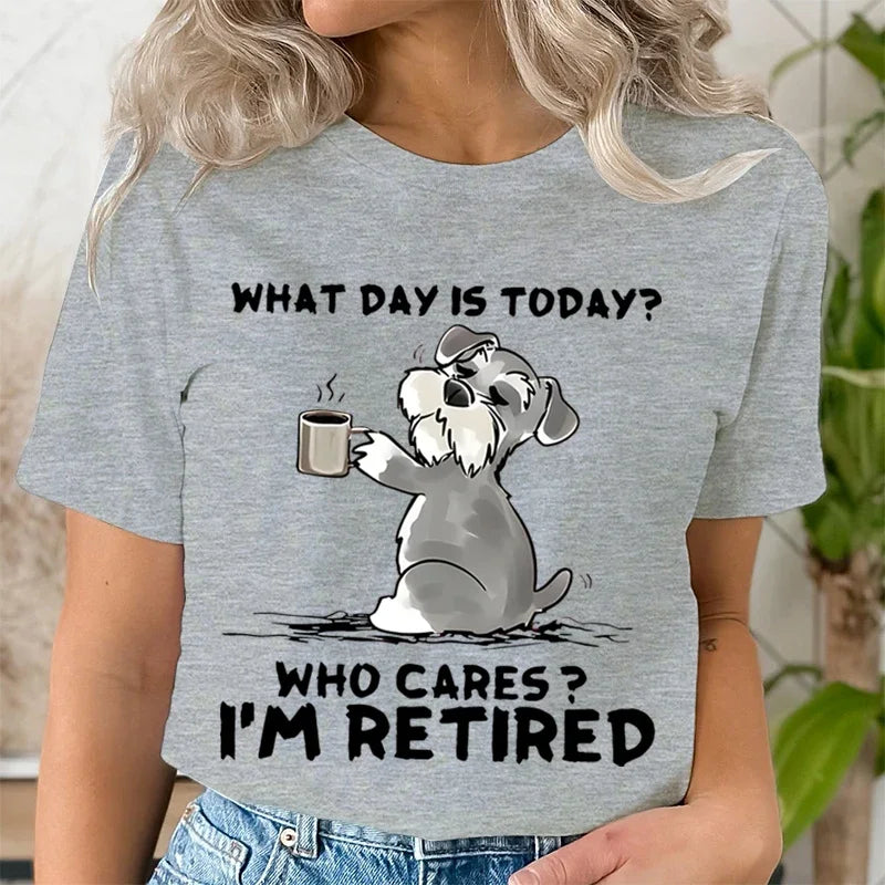 Funny Cat Schnauzer Retired T-Shirt for Women Comfortable Round Neck Graphic Tee