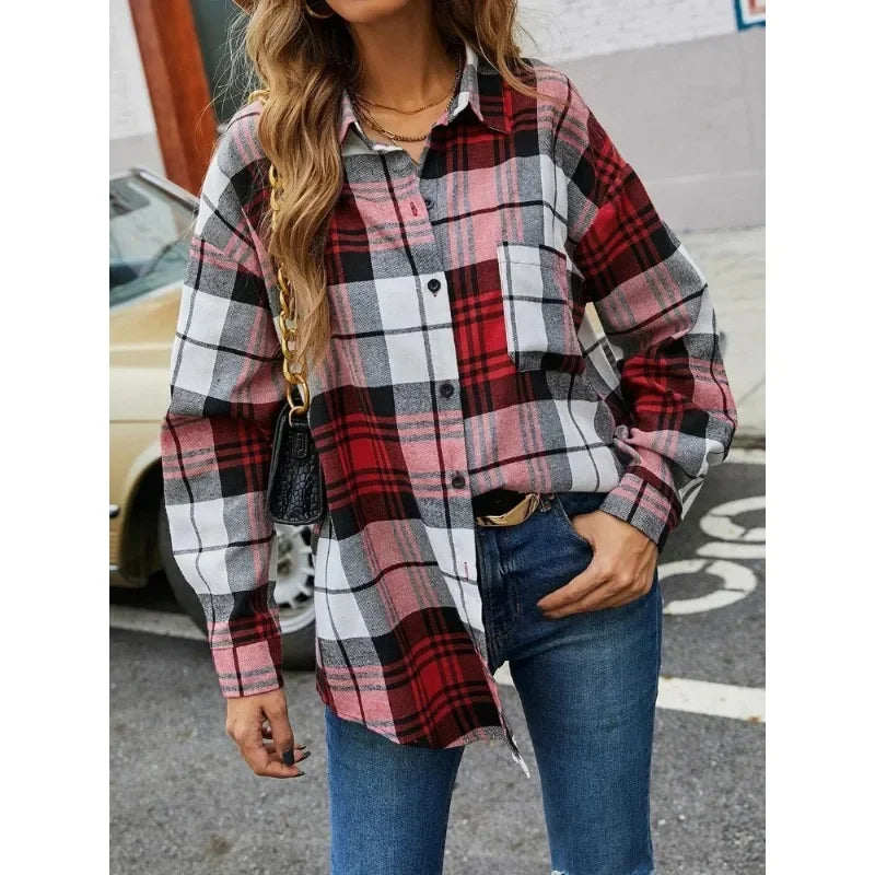 Korean Style Long-Sleeved Plaid Women's Shirt with Pockets Pleated Loose Fit High-End Fashion Top