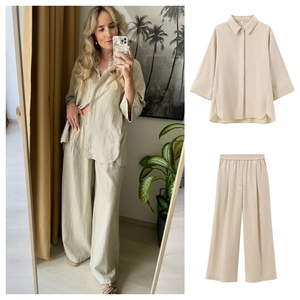 Women's Casual Linen Blended Wide Sleeve Shirt and Straight Leg Pants Set