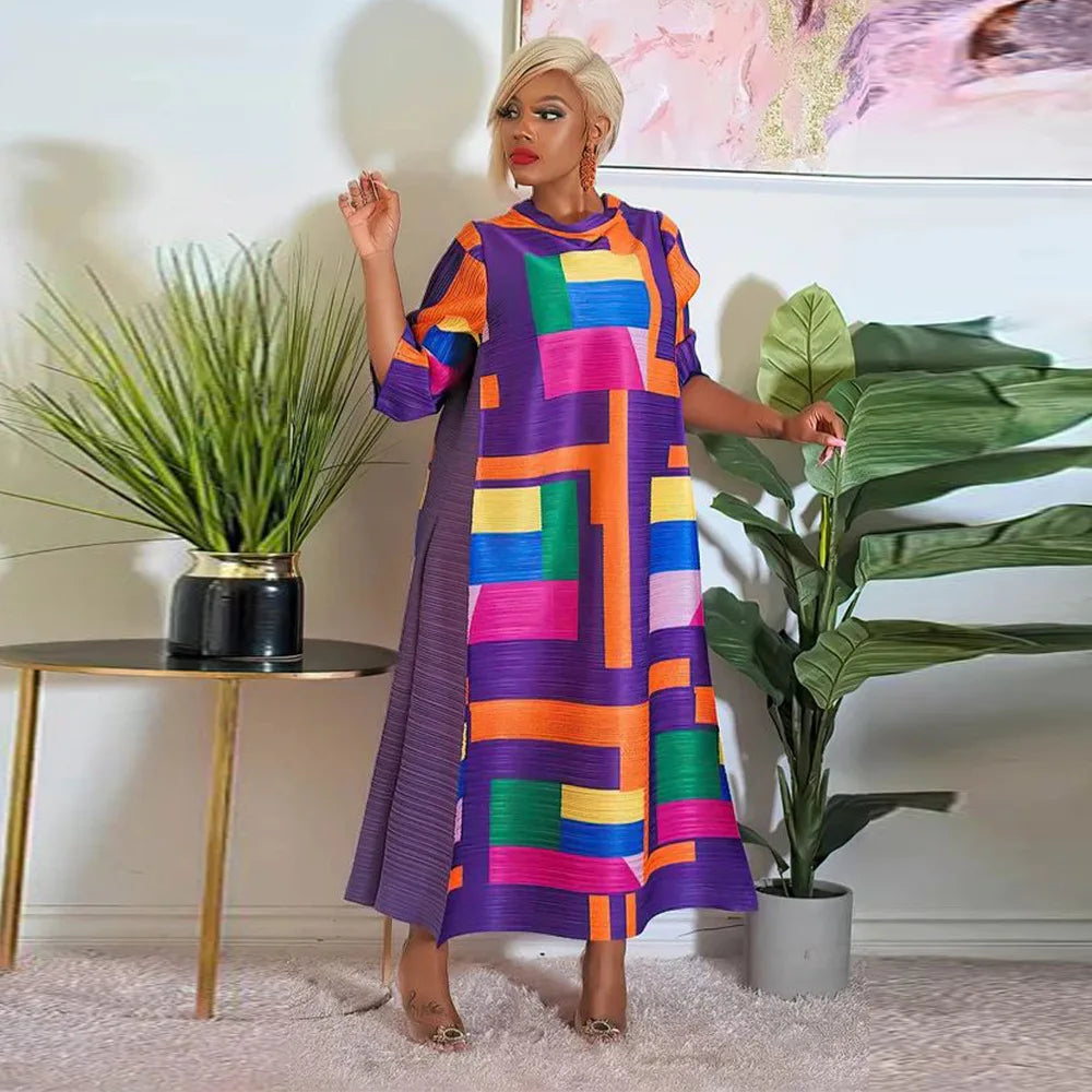 Leaf Print Pleated Boho Maxi Dress for Women Casual Beach