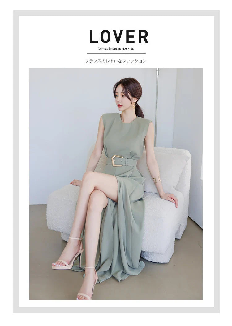 Elegant Women's Business Jumpsuit O-Neck Wide Leg Split Trousers Long Casual Workwear Romper