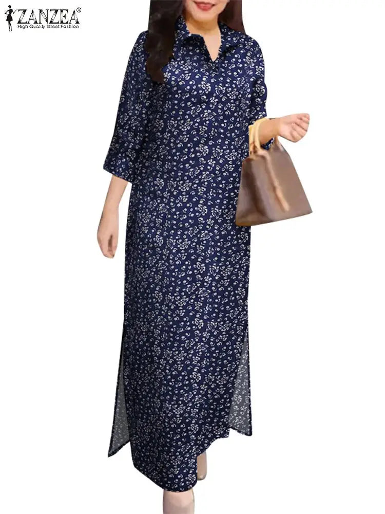 Autumn Floral Cotton Long Shirt Dress For Women With Lapel