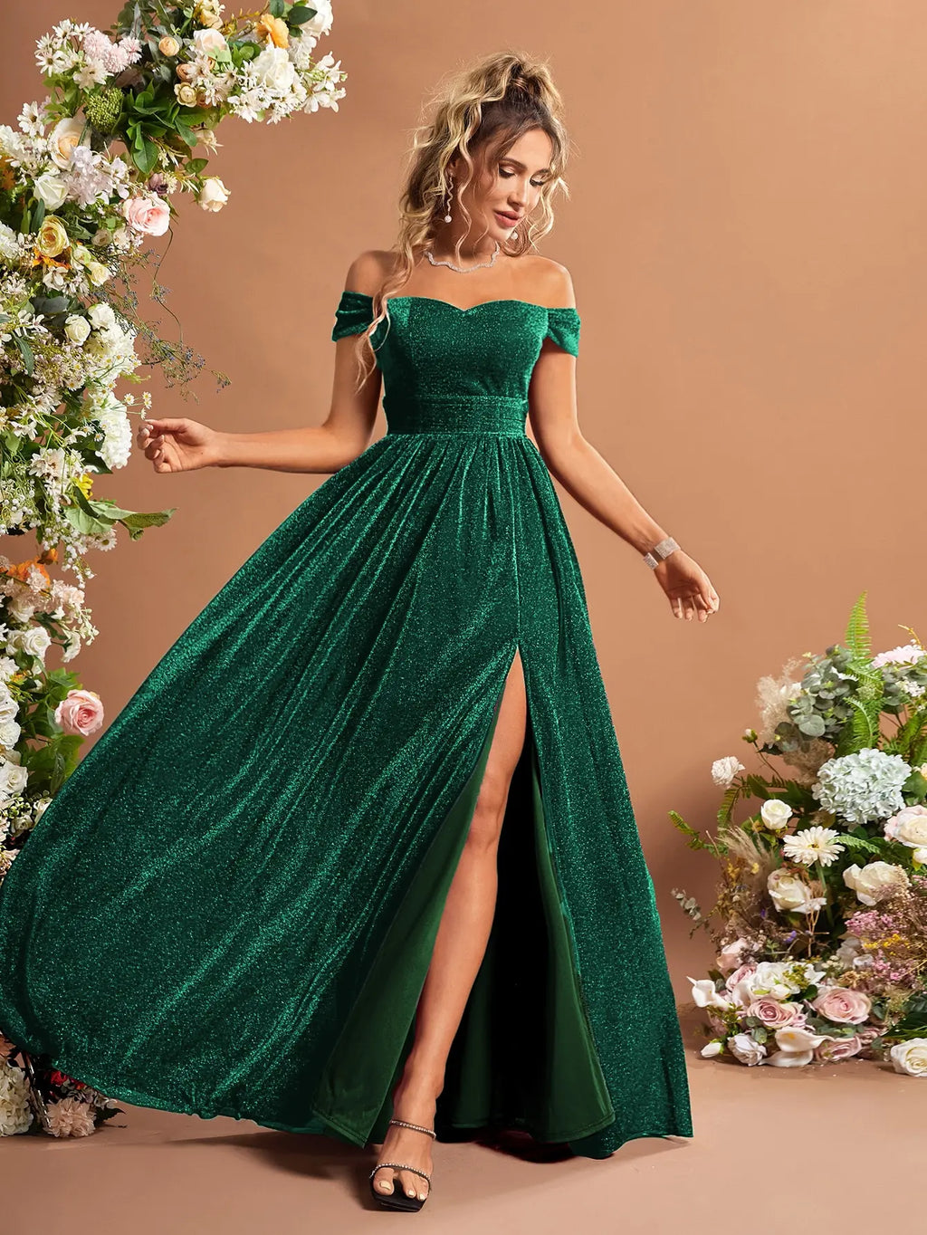 Green Off Shoulder Glitter Dress With Thigh Slit Sequins