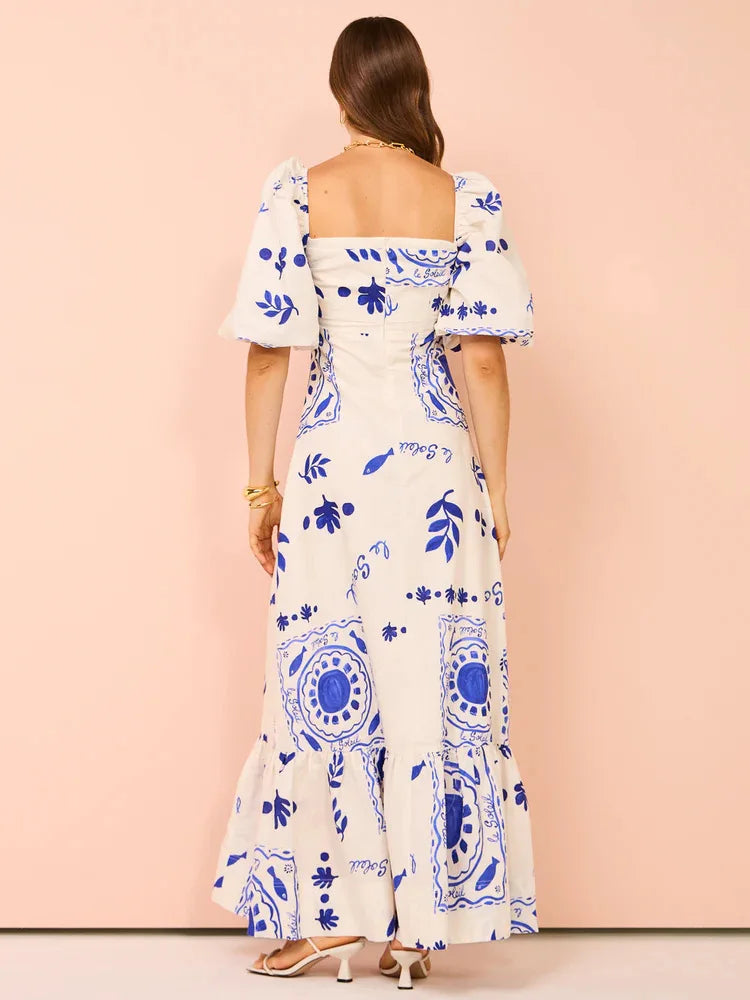 Bohemian Printed Lantern Sleeve Maxi Dress With Collar