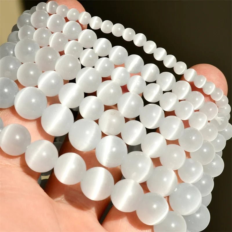 Natural Moonstone Beads White Cat Eye Round Loose Beads for Jewelry Making DIY Bracelet 15 Inch Strand