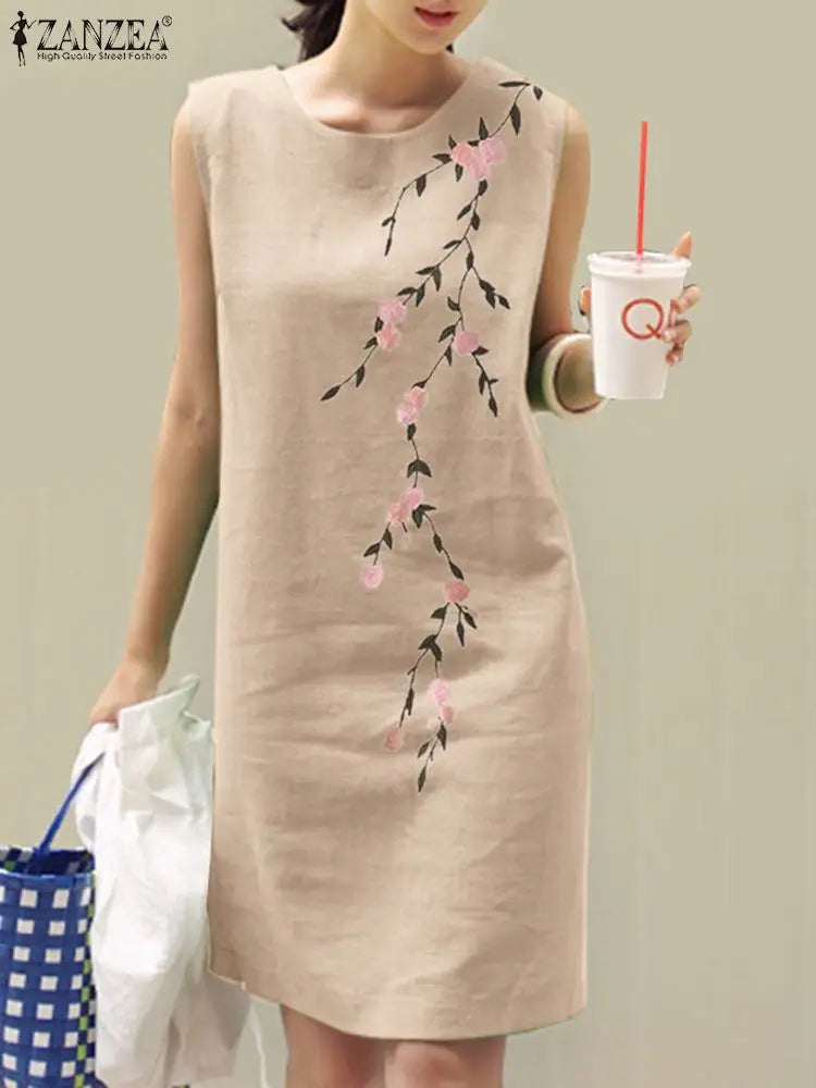 Floral Embroidery Cotton Sleeveless Sundress Boho Beach Dress