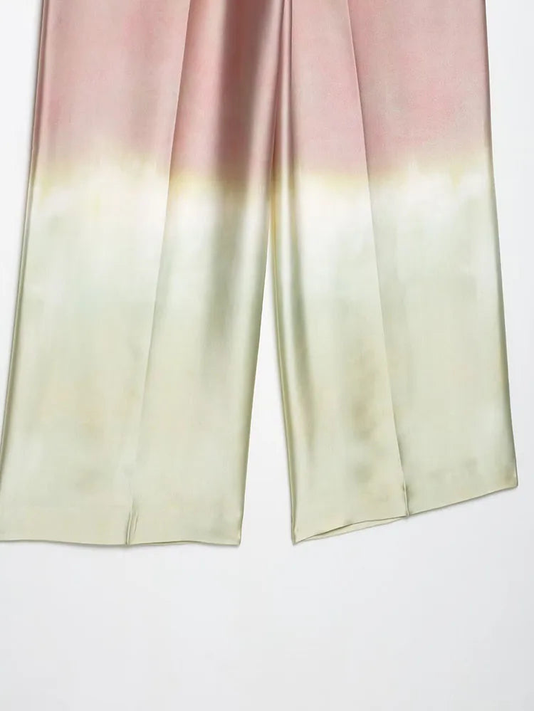 Women Tie Dye Two Piece Set Casual V Neck Waistcoat and Wide Leg Trousers with Shoulder Pads
