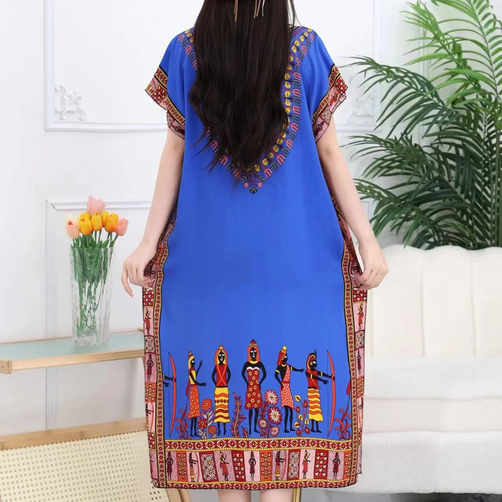 Retro Ethnic Print Batwing Sleeves Dress With High Slit