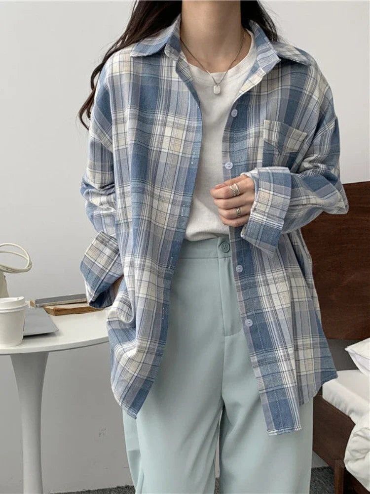 Casual Long Sleeve Plaid Blouse Mid Length Loose Fit Turn Down Collar Shirt for Women Autumn Winter Fashion Top