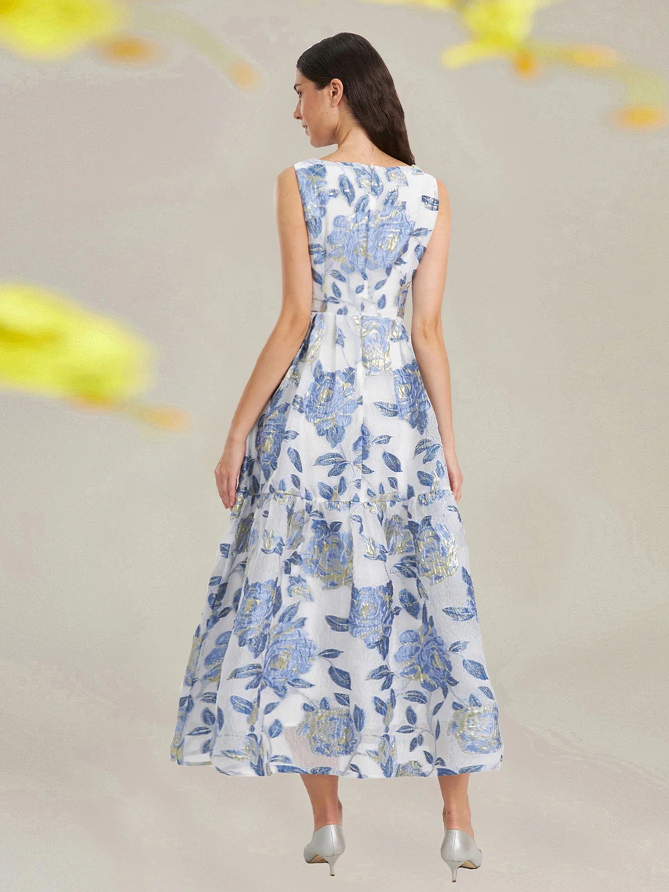 Elegant Organza Maxi Dress With Floral Embroidery