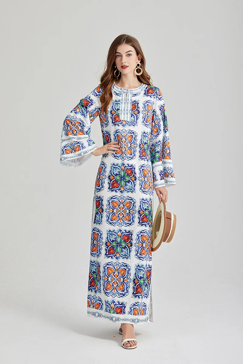 Bohemian Maxi Dress Floral Print Long Sleeve O Neck