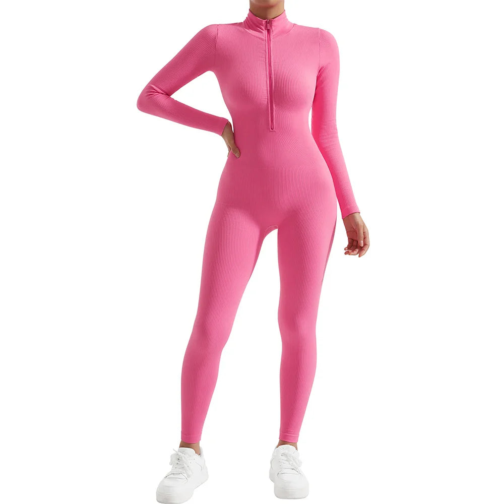 Women's Long Sleeve Solid Bodycon Jumpsuit Zipper Romper Summer Bodysuit Streetwear Overalls Sportswear