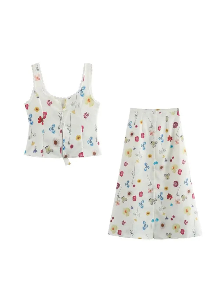 Women's Square Collar Lace-Up Slim Fit Top and Single Breasted A-Line Midi Skirt Two-Piece Set with Feminine Print