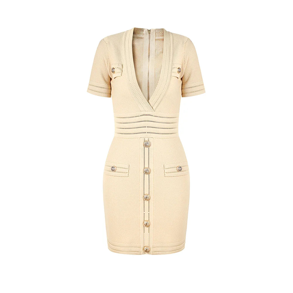 V Neck Knit Short Sleeve Black Sheath Dress With Elastic