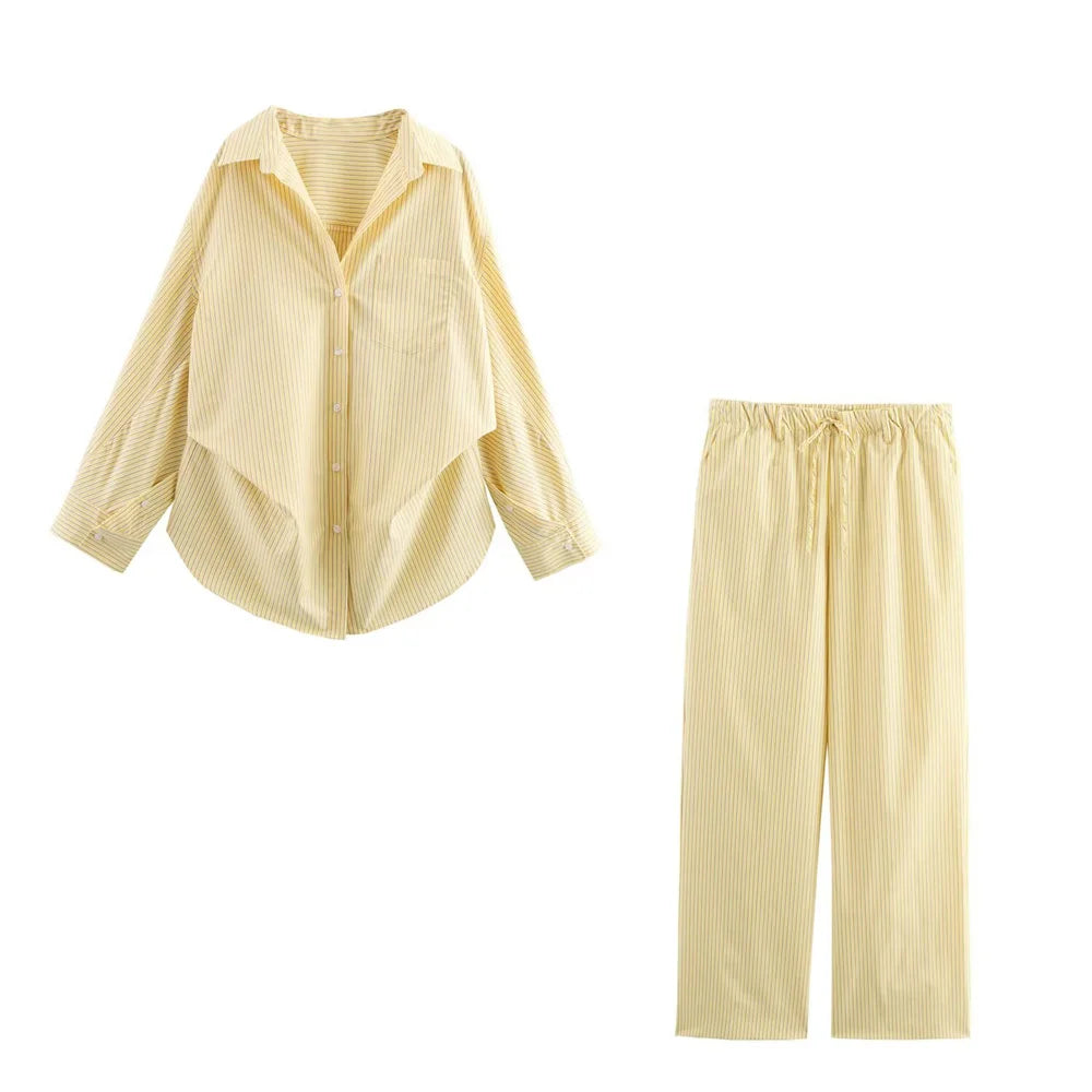 Women's Loose Poplin Shirt and High Waist Striped Pants Set for Spring