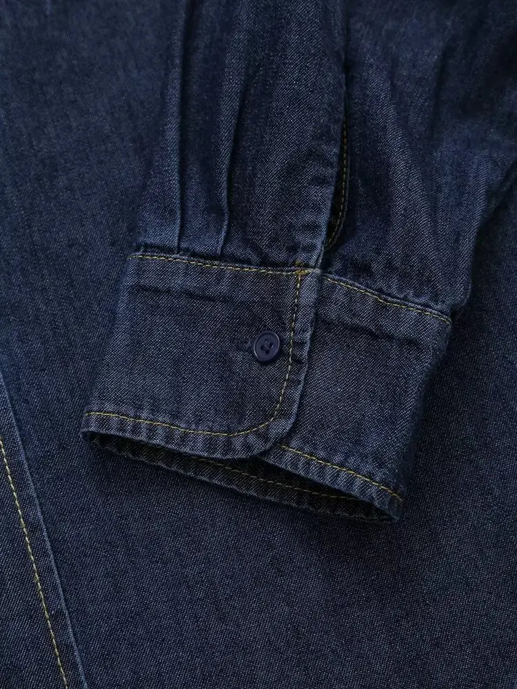 Women's Retro Long Sleeve Denim Shirt with French Bow Lapel Single Breasted Pocket Casual Cardigan for Fall and Winter Fashion