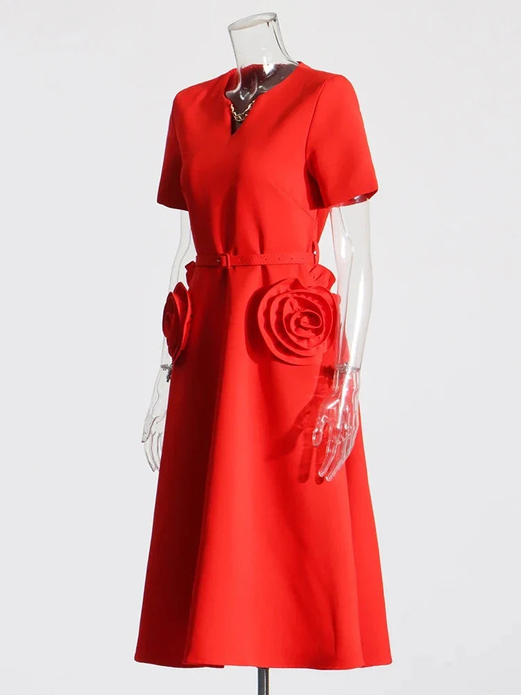 Hollow Out Patchwork Dress For Women V Neck Long Belted