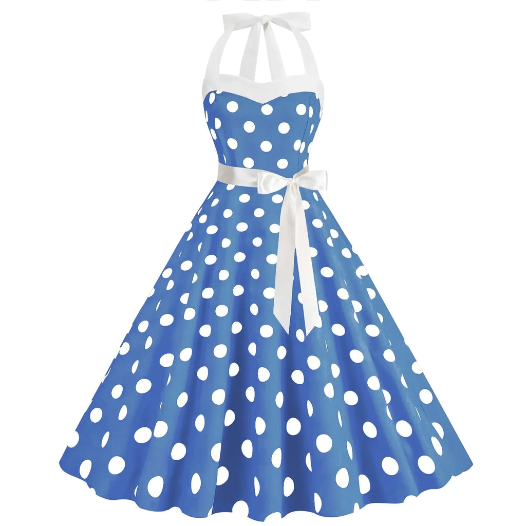 Retro Polka Dot Backless Dress With Lace Up Neckline Swing
