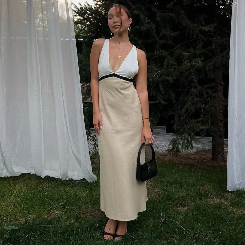 Backless Halter Party Dress With V Neck Patchwork Long Gown