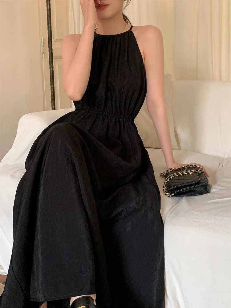 Elegant Y2K Halter Neck Dress Off Shoulder Hollow Waist