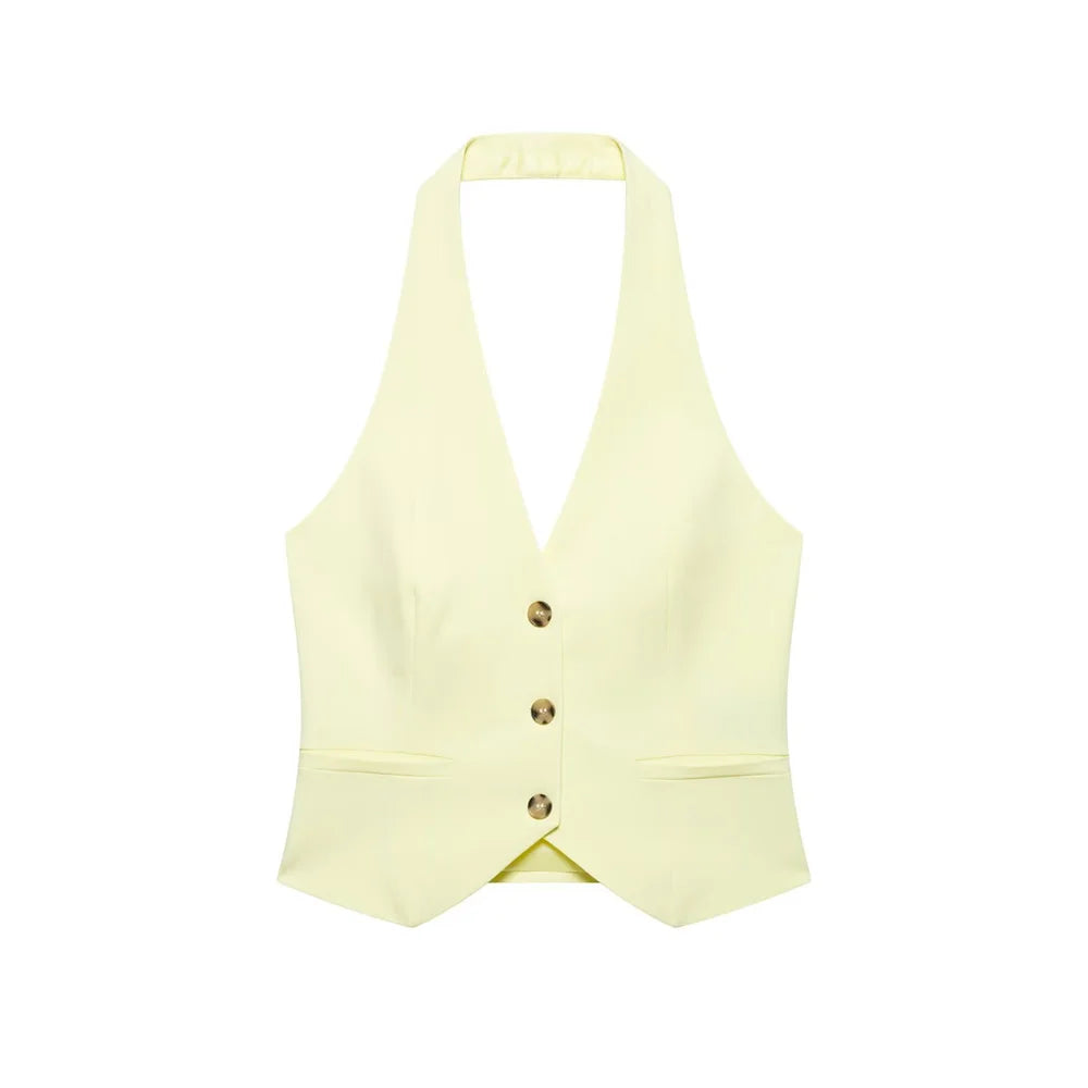 Womens Light Yellow Suit Set Halter Vest with Gold Buttons and Pleated Wide Leg Pants Stylish Ensemble