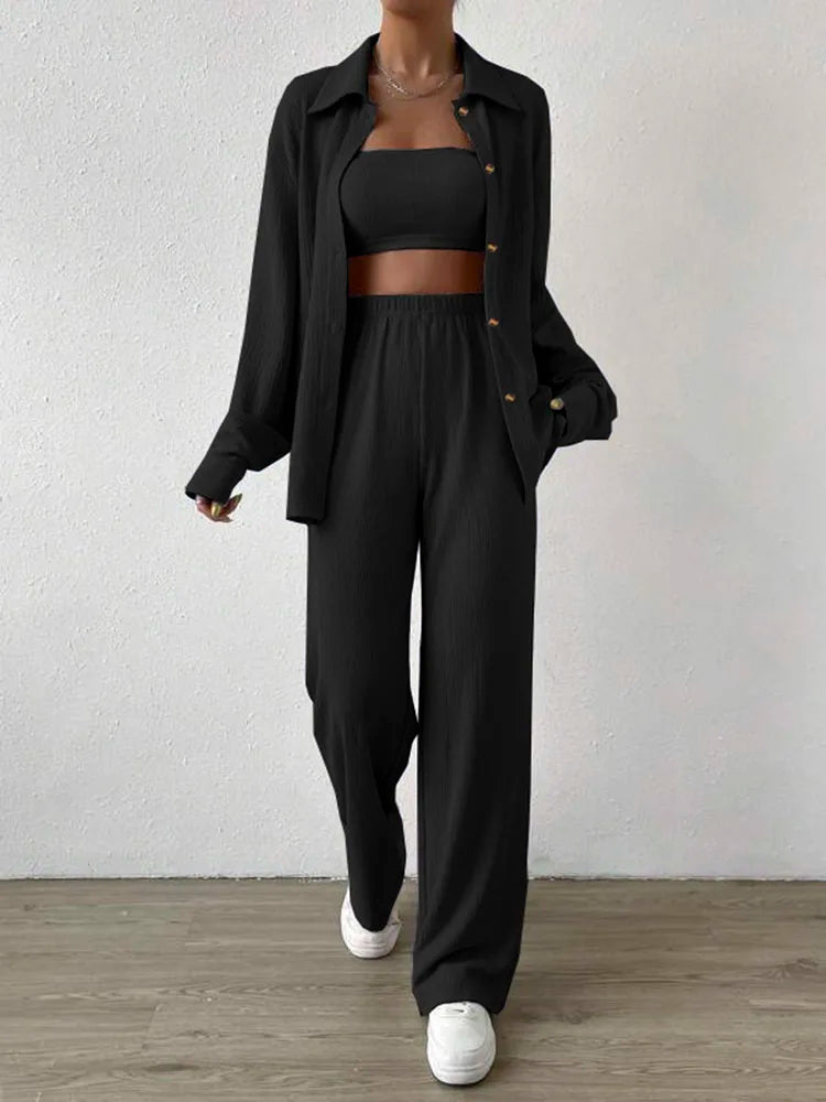 Casual 2 Piece Knit Outfit for Women Long Sleeve Button Down Shirt and Loose Wide Leg Pants Set for Autumn Streetwear