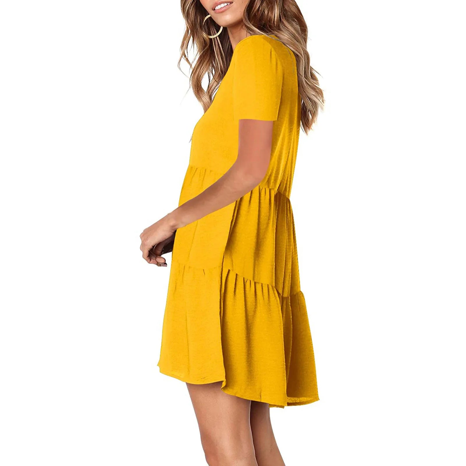 Womens V Neck Short Sleeve Loose Fit Dress Solid Color