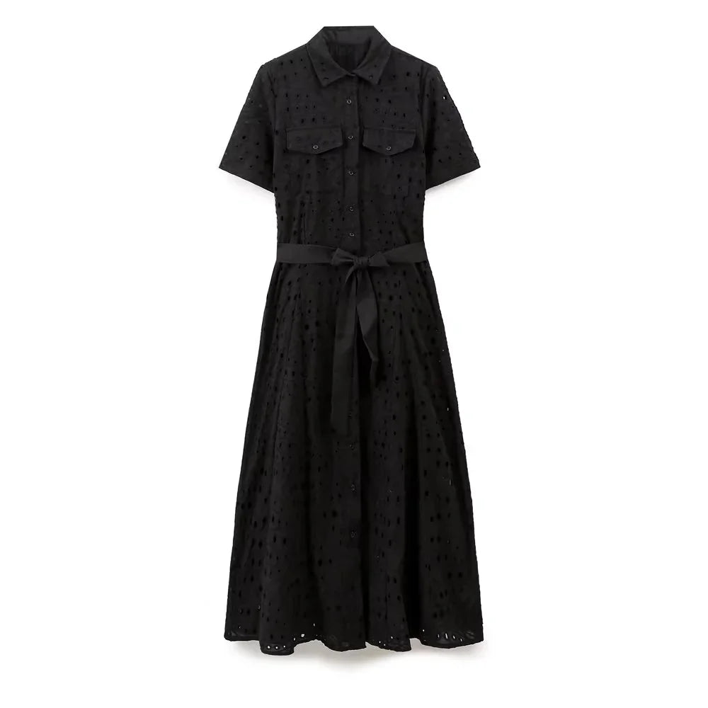 Women's Embroidered Shirt Dress With Short Sleeves Classic