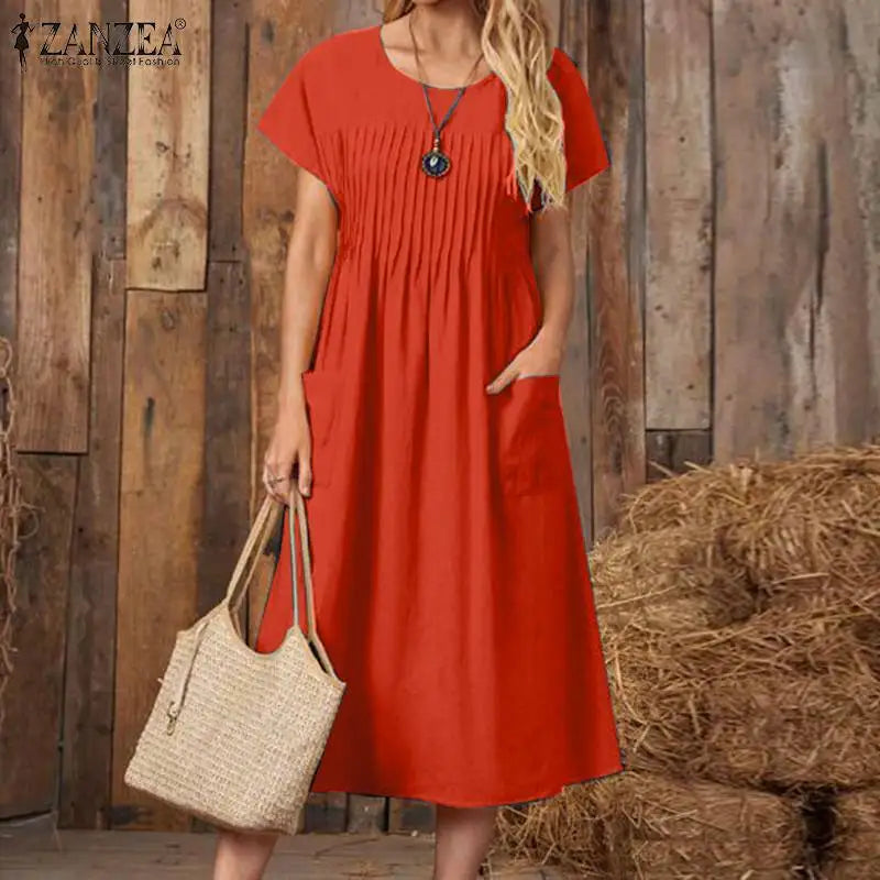 Summer Party Sundress Women O Neck Short Sleeve Mid Calf