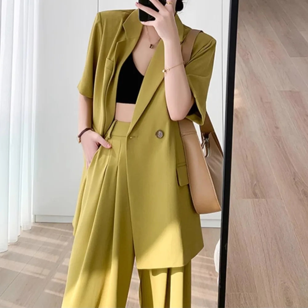 Short Sleeve Wide Leg Pants Blazer Suit Set for Women Summer Business Casual Attire