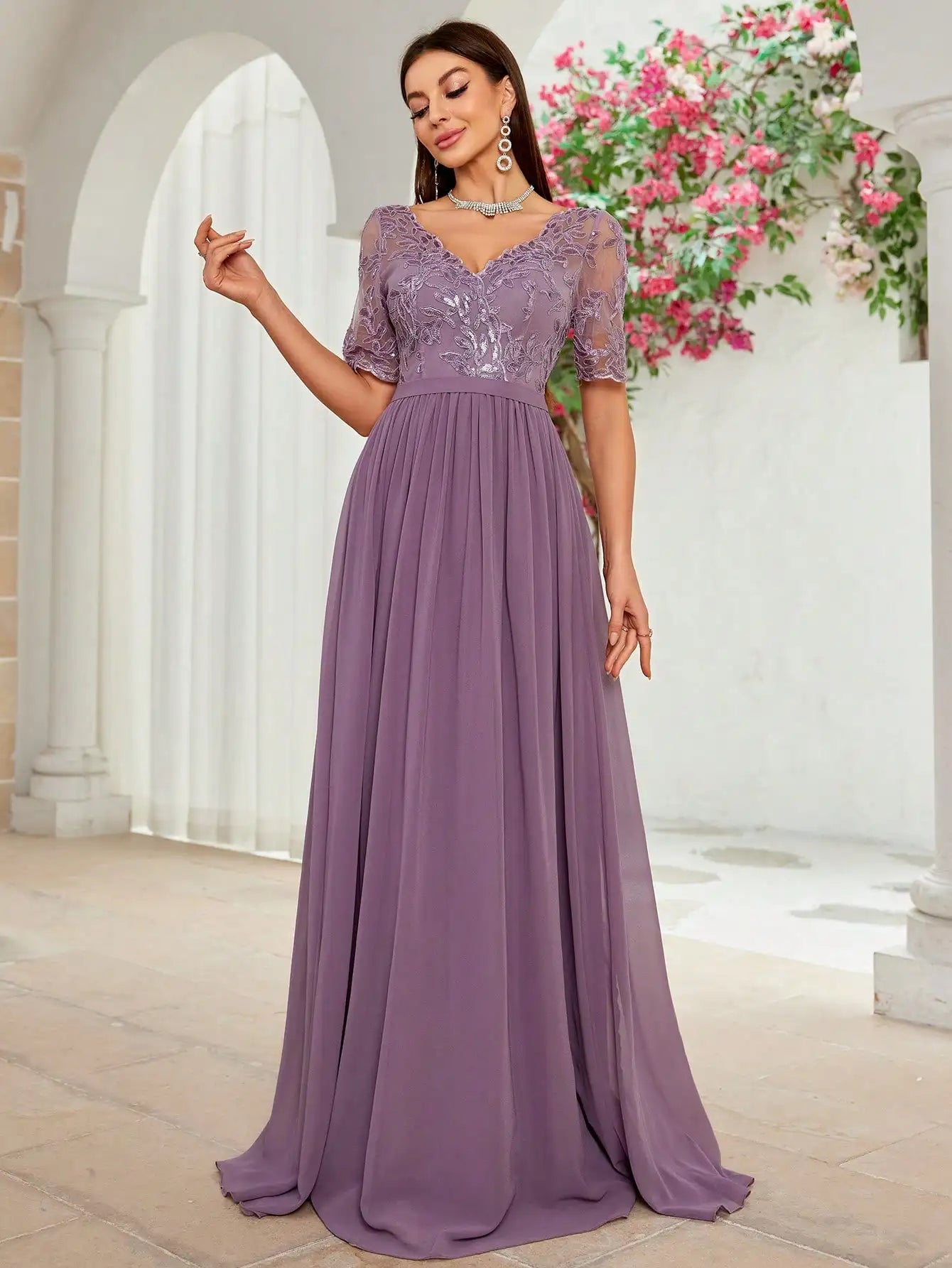 V Neck Embroidered Lace Chiffon Maxi Dress with Sleeves