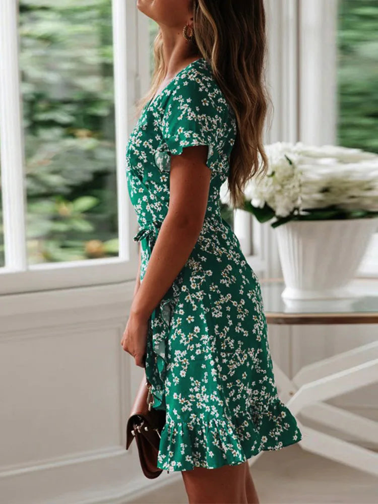 Boho Floral Sundress With Ruffles V Neck Chiffon Mini Dress