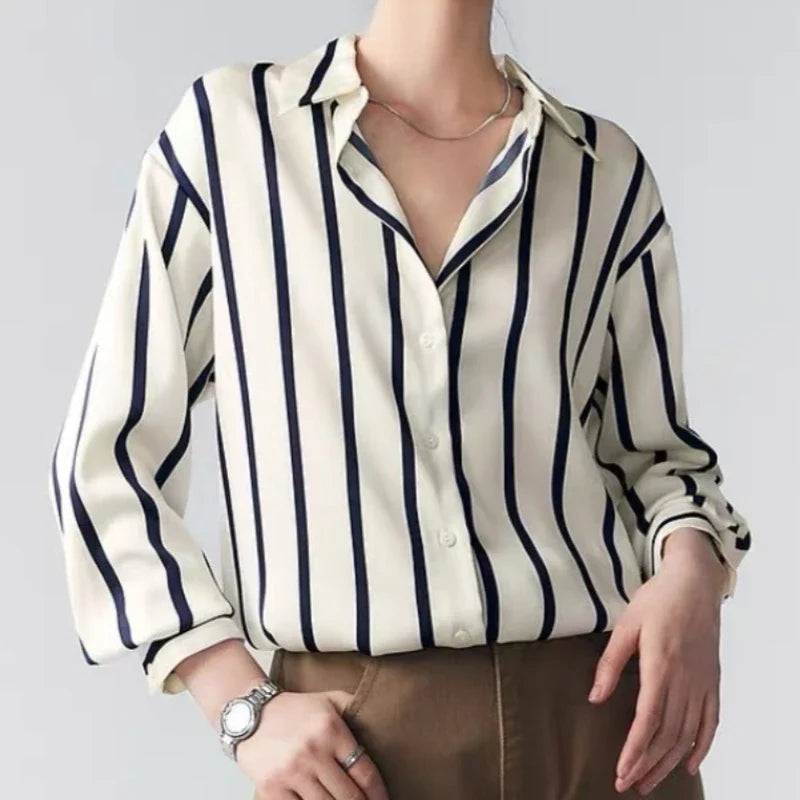 Vintage Striped Satin Women's Blouse Long Sleeve Turn-Down Collar Casual Loose Fit Shirt for Spring and Autumn