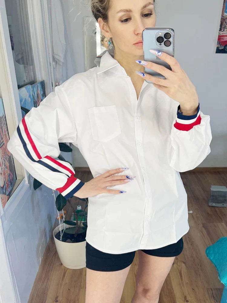 White Oversized Loose Button-Up Stripe Bandage Shirt for Women Long Sleeve Turn-Down Collar Woven Blouse Plus Size Ladies Top