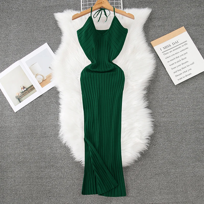 Ribbed Knit Bodycon Wrap Dress With Split Hem For Summer