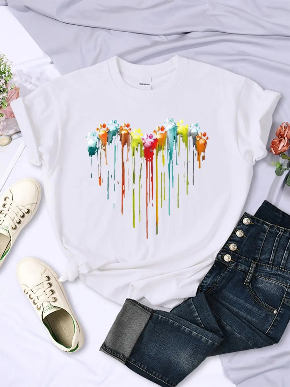 Multicolored Cat Paw Print T-Shirt for Women Comfortable O-Neck Short Sleeve Summer Casual Top