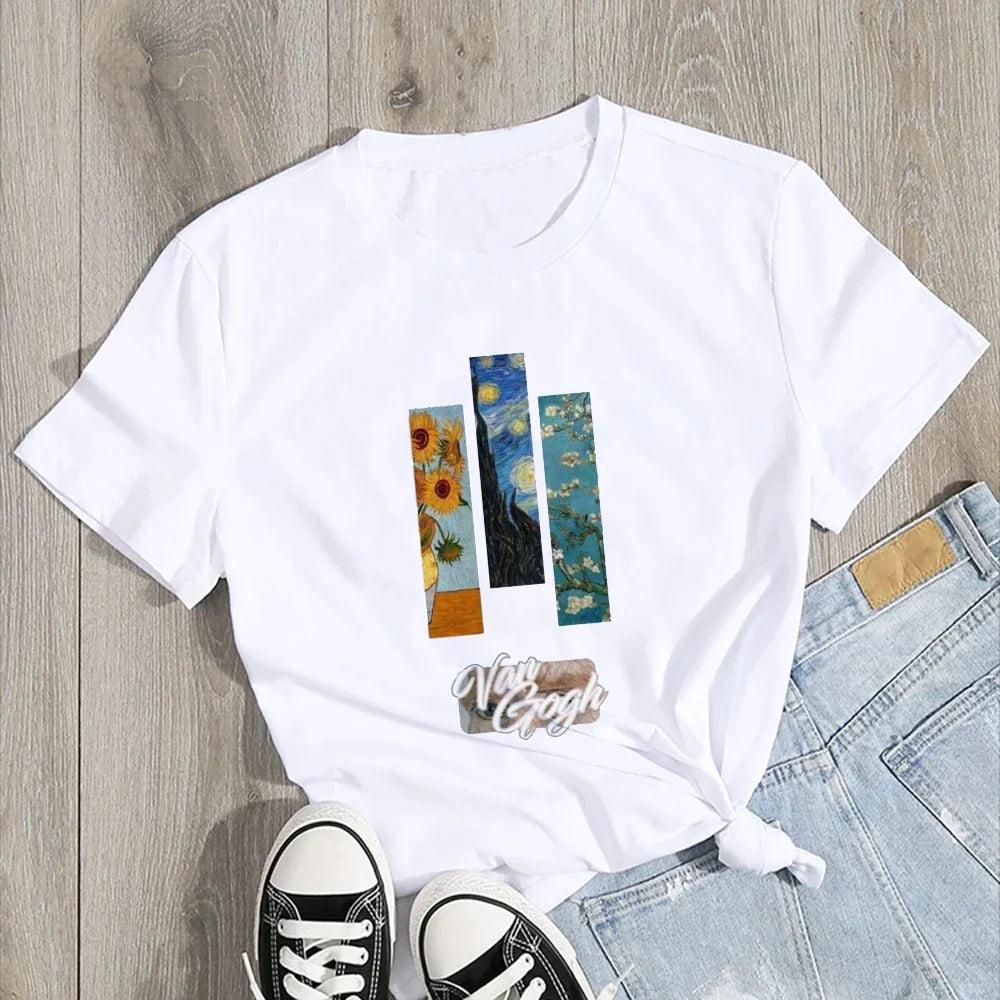 Aesthetic Van Gogh Starry Night Cat Print Women's Short Sleeve T-Shirt
