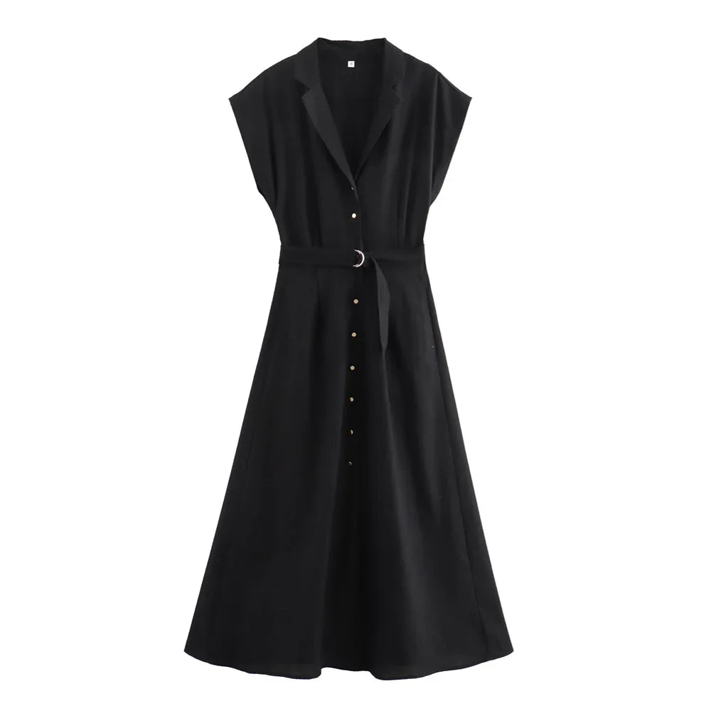 Elegant Linen Blend Belted Midi Dress Sleeveless Women