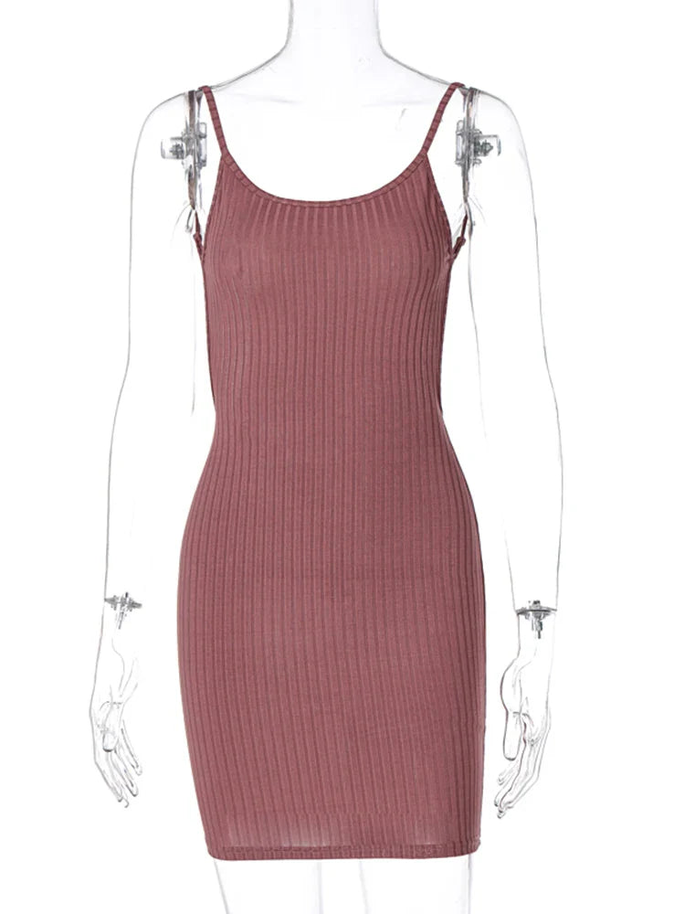 Ribbed Backless Mini Dress With Square Collar For Nightclub