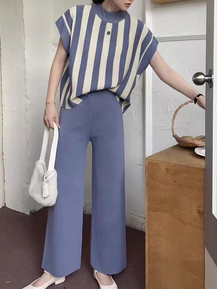 Women Casual Striped Sweater Pant Set Autumn Winter Knitted Short Sleeve Tops and Elastic Sweater Pants