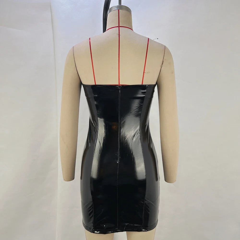 Mirror PU Sexy Strapless Club Dress With Cinched Waist