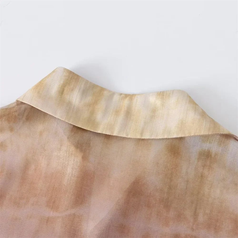 Casual Women's Long Sleeve Collar Shirt with Metal Foil Tie Dye Print Slimming Fashion Top