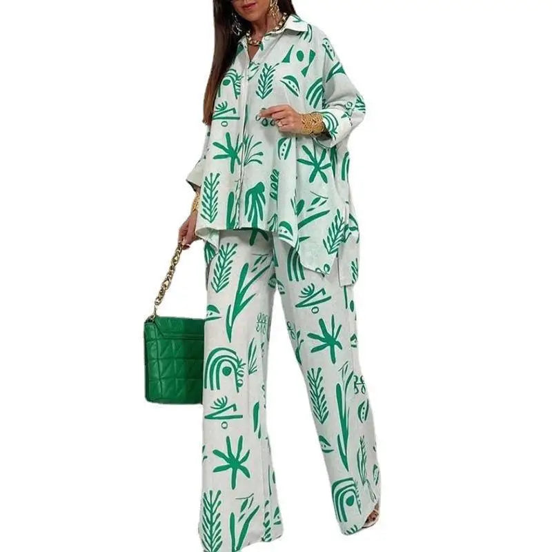 Summer Fashion Printed Women's Two Piece Set with Flip Collar Top and Wide Leg Pants