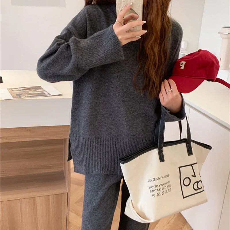 Cozy Split Knit Sweater and Casual Pants Two-Piece Set for Women Soft Solid Color Autumn Winter Outfit
