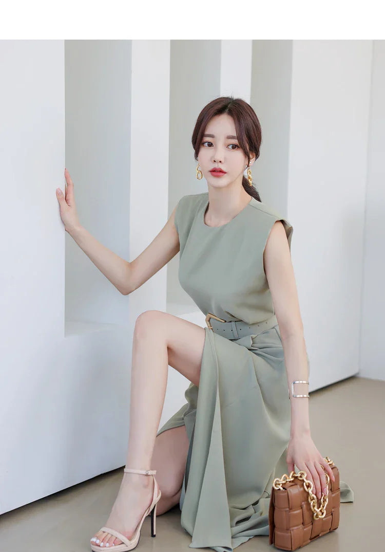 Elegant Women's Business Jumpsuit O-Neck Wide Leg Split Trousers Long Casual Workwear Romper