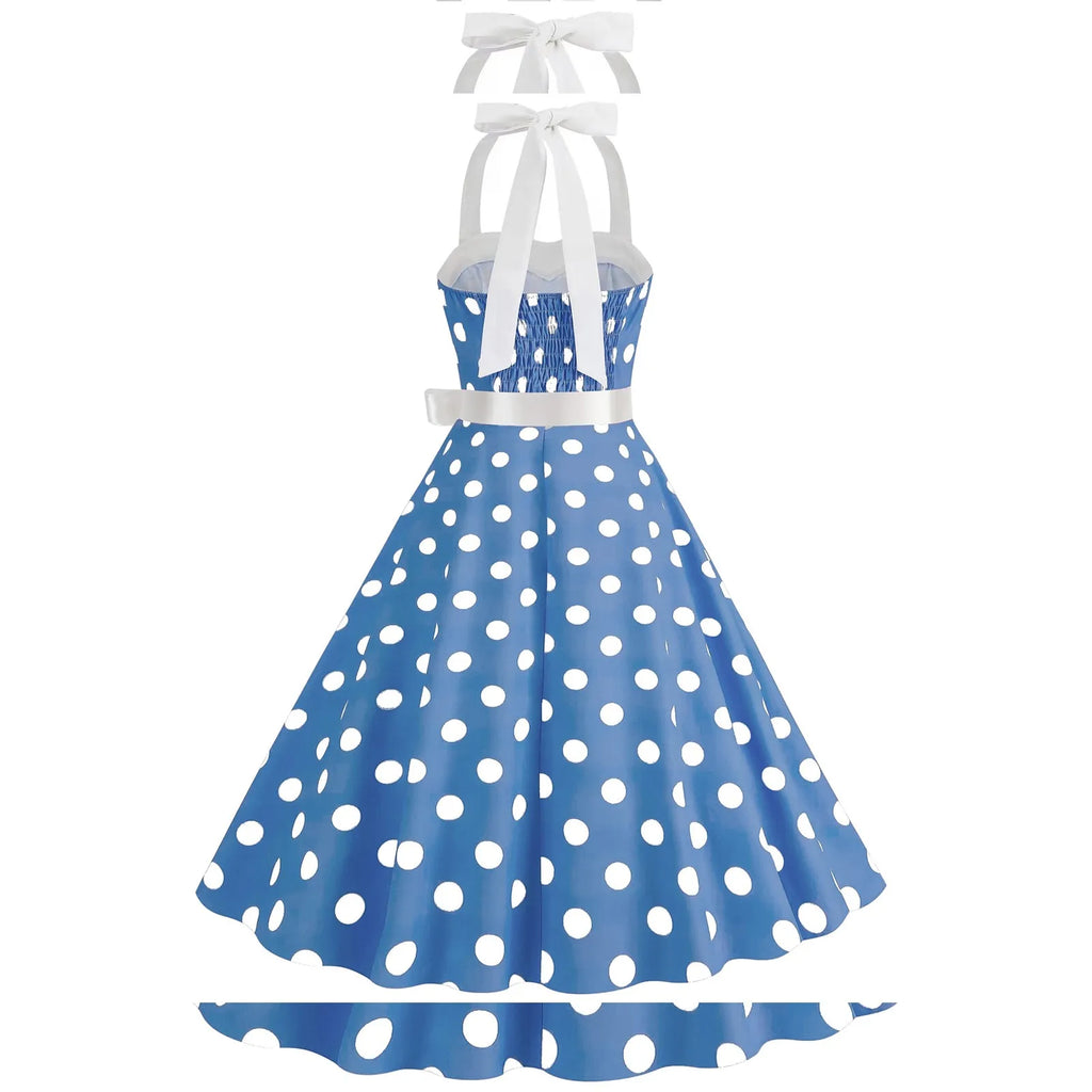 Retro Polka Dot Backless Dress With Lace Up Neckline Swing